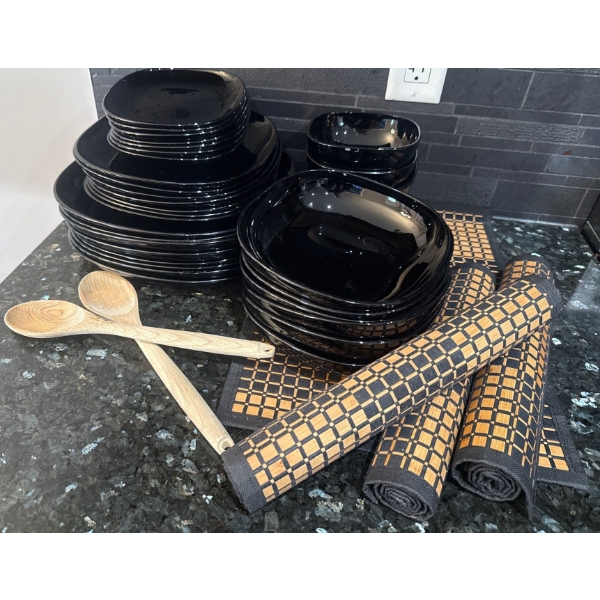 Stunning Noir Dish Collection w/ Rattan Placemats & More 