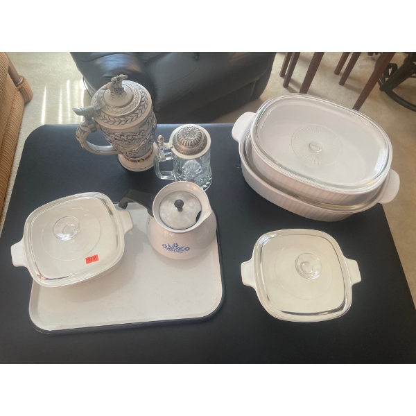 Selection of Cookware, Corningware (3 pieces), Serving Tray, Roasting Dishes (3), Beer Steins (2)