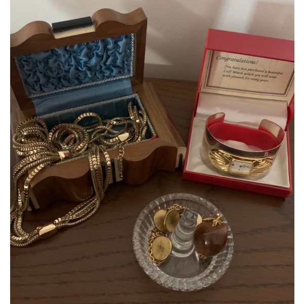 Walnut/Brass Jewellery Box w/ Collection of Costume Jewellery