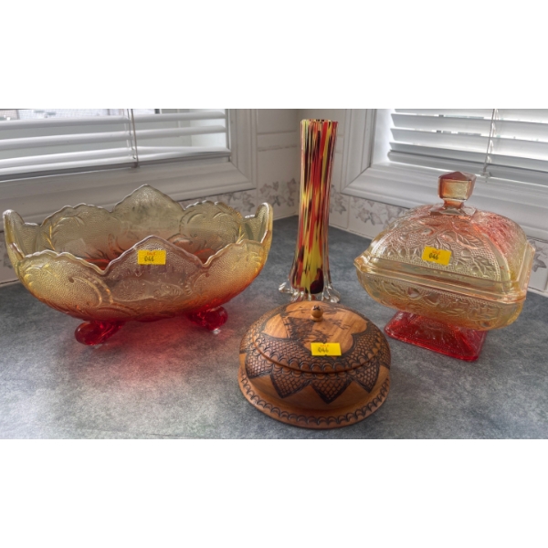 Ambre Art Glass w/ Hand Carved Trinket Box & More 9W