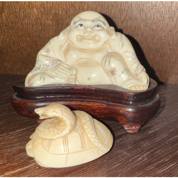 Hand Carved Ivory Happy Budda & Cobra Snake 3T