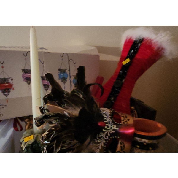 Purple Glass Hanging Candle Holders, Holiday Boot 14 T, Red Glass Vase 11 T,  Masks and More!