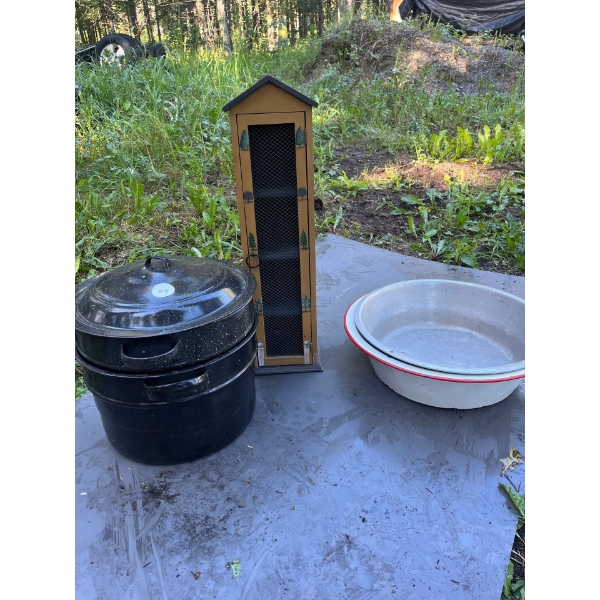 Vintage enamel black with white speckled canning pot with inserts, two enamel wash, basin and decora