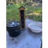 Image 1 : Vintage enamel black with white speckled canning pot with inserts, two enamel wash, basin and decora