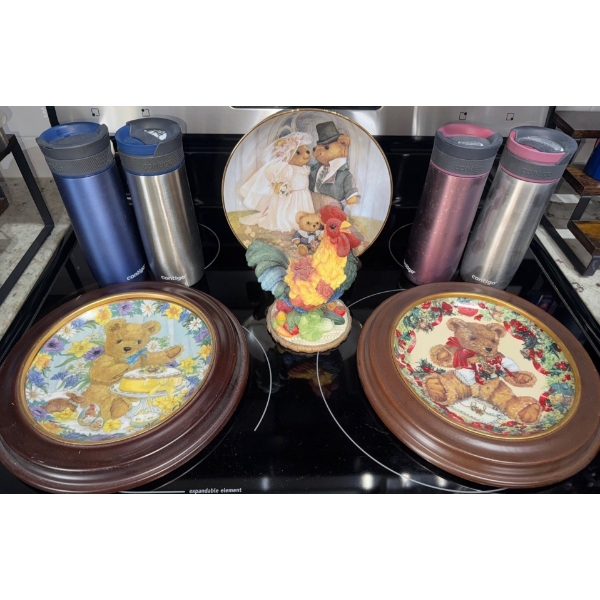 Franklin Mints Teddy Plates, Kitchen Cock, & Four Contigo Thermos To-Go Mugs