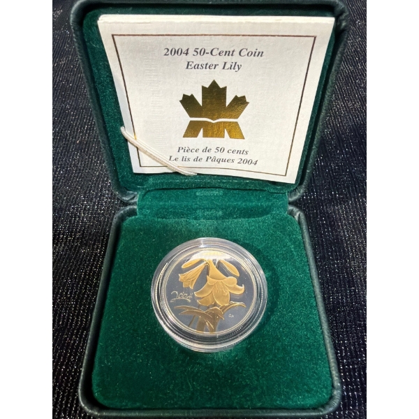 2004 50-Cent 22K Gold Plated Golden Easter Lily Coin 92.5% Silver 9.3 Grams