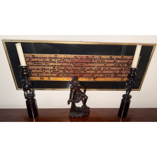 Framed Burmese Buddhist Kammavaca Manuscript Leaf - Candlesticks & Asian Statue
