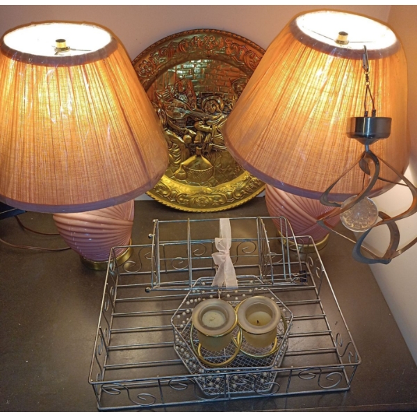 Two Vintage Pink Lamps w/ Brass Wall Hanging Candles & Baskets   14"tall