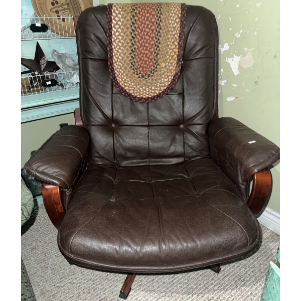 Brown Leather Swivel Recliner Armchair with Wood Base