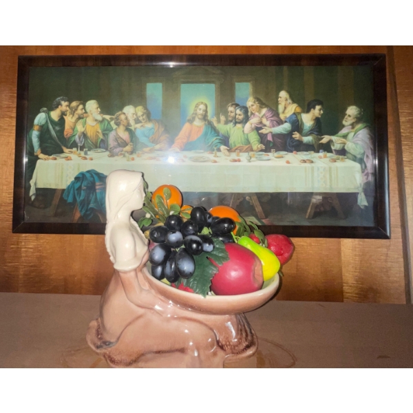 Picture of the Seventh Supper Framed & Lady Holding A Bowl of Imitation Fruit