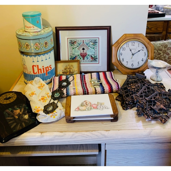 Eclectic Collection Including Tins, Clocks, Artwork, and Vintage MCM Coppercraft