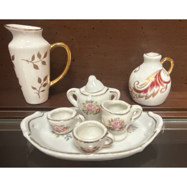 Miniature Fine Bone China Tea Set w/ Decorative Gold Handled Pitchers 2.5'Tall