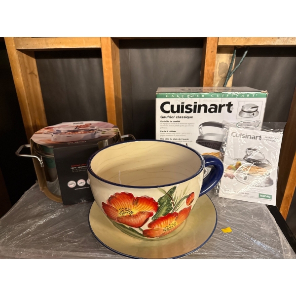 New Cusinart Traditional Waffle Iron WAF-RC, New 1.6 Gal Pot, Large Cup & Saucer Planter 