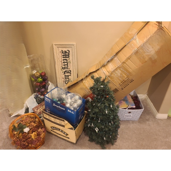 7 1/2 Foot Christmas Tree, Pre-lit Mini Tree, Figurines, Ornaments, Lights, Floral Basket & more