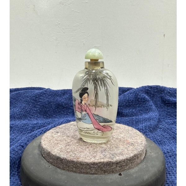 Hand Painted Seated Lady Snuff Bottle with Spoon 2.25H