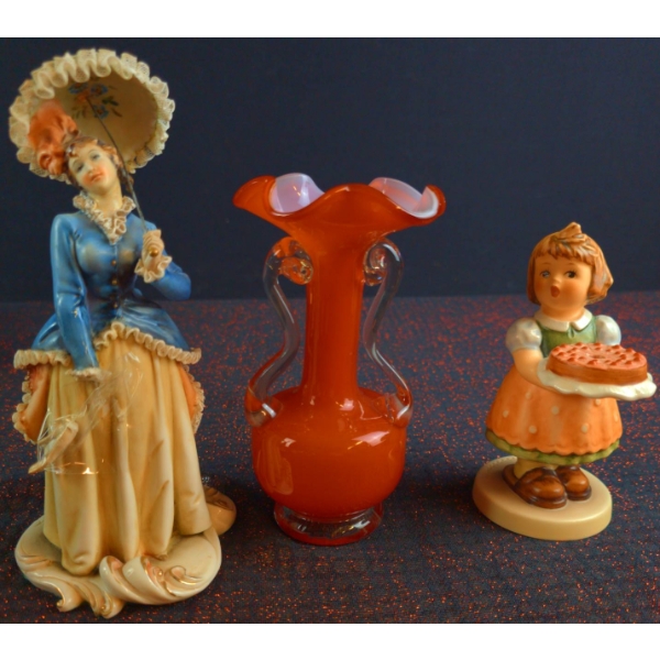 Goebel Collector's Club Figurine, Borsato Porcelain, and Red Glass Vase