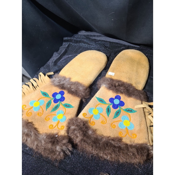 Indigenous Fur Gloves With Beaded Flower Design