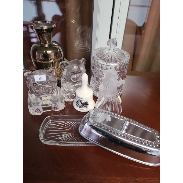 Glass Decor Including: Teddy Bears, Bells, Jar with Lid and Tray with Cover