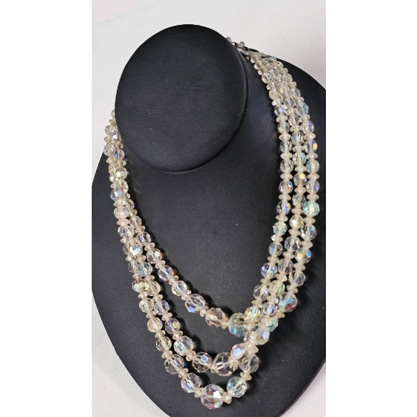 Vintage 1940s Three Strand Crystal Necklace with Faceted Beads
