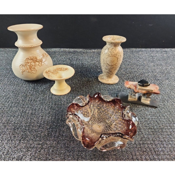MURANO Art Glass Dish, 70s Vase and Candle Holder, Heavy Stone Vase and Small Inuksuk