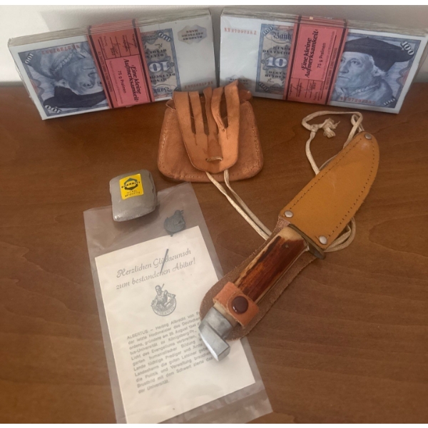 Fixed Blade Hunting Knife w/ Genuine Leather Belt Sheith Faux German Banknotes & More
