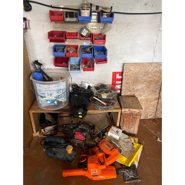  shelf with contents, including a vintage radio, moving sliders, bolt bins, electric power tools, in