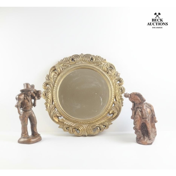  Vintage Style Ornate Gold-Toned Oval Mirror And Two Bronze-Toned Figurines.