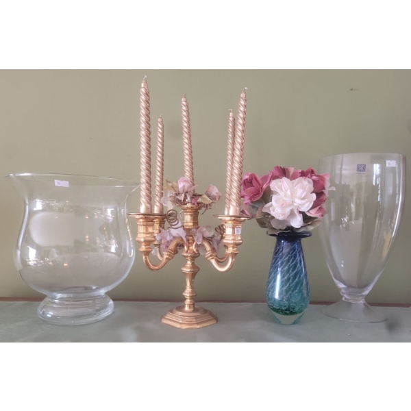 2 Large Glass Vases, Decorative Thick Glass Vase, Gold Plated from German Import Candelabra 