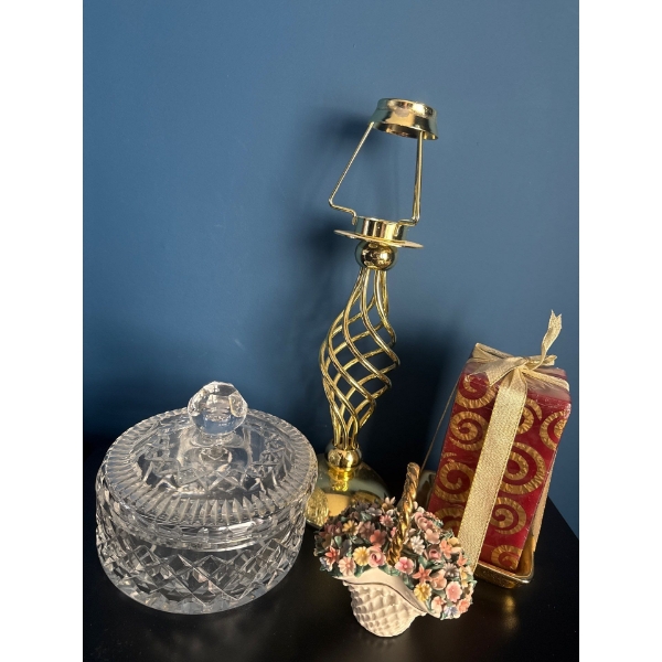 Lidded Crystal Candy Dish Brass Lamp Adderley Porcelain Floral Basket & Holiday Candle 