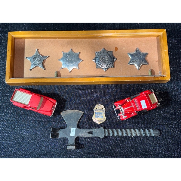 Framed Sheriff Badges, Miniature Fire Truck, Multi Tool Hatchet, and More