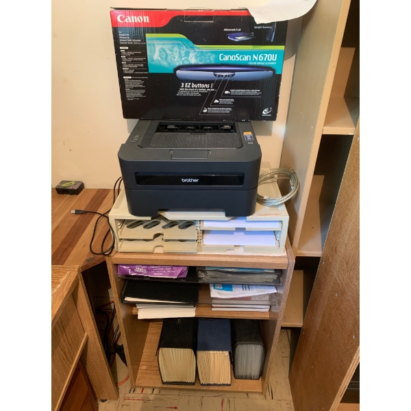 Brother Laser Printer, CanoScan Scanner, and Wooden Shelf Unit Office Supply Bundle