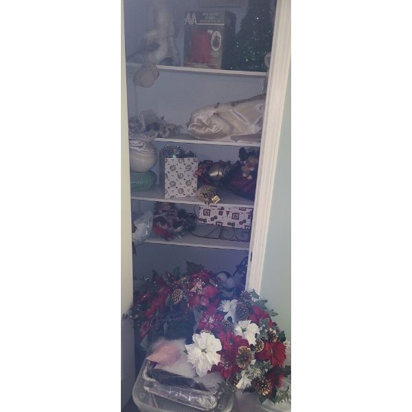 Contents of Closet: Holiday Decorations and 3 Rolling Carts, Dishes, Candleholder 16 T 