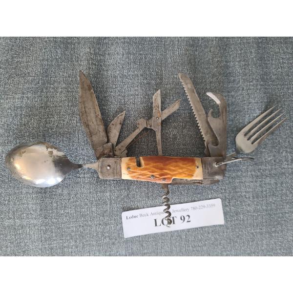 Vintage Multi-tool w Bone Handle (knife, fork, spoon, scissors, bottle opener, corkscrew)