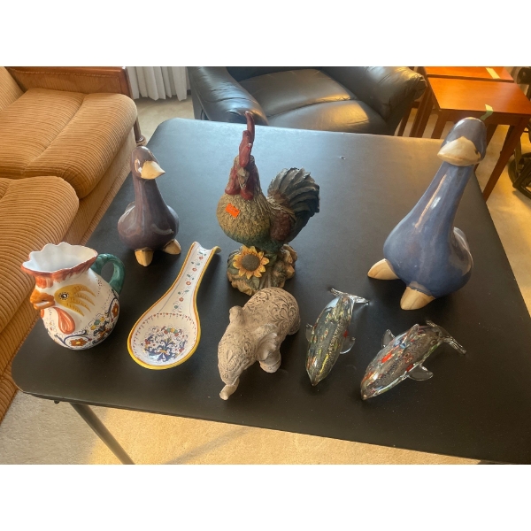 Ceramic Rooster, Ceramic Geese (2), Chicken Pitcher, Ladle Holder, Glass Dolphins (2), Ceramic Eleph