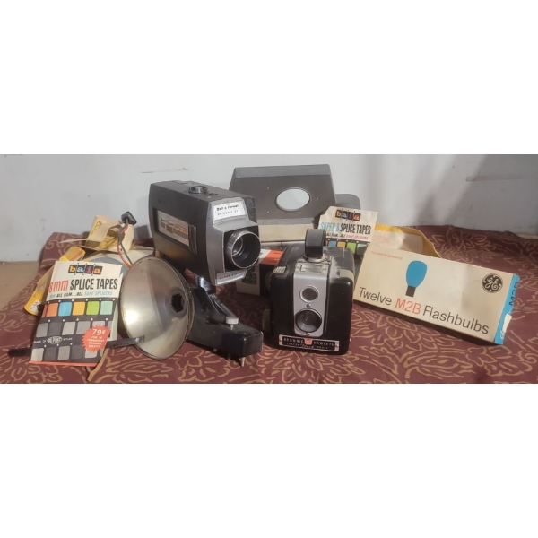 Box of Vintage Cameras, Accessories; Ben & Howell Autoload Super Eight, Brownie Hawkeye Hash Model 