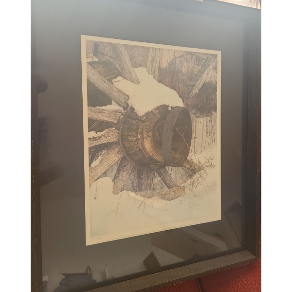 Wheel Print  21 x 25.5 Artist Beverley Spicer '80, Numbered 42/300, Framed Under Glass
