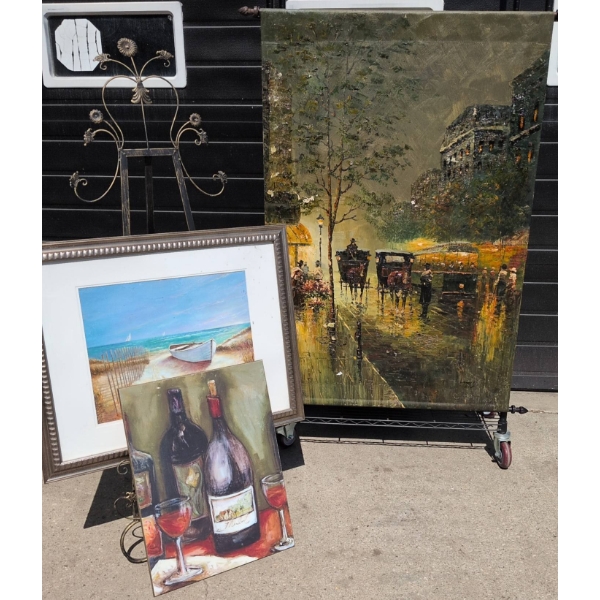 Scroll Oil Painting in Ornate Metal Frame with Ocean and Wine Art
