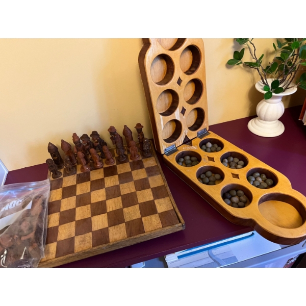 African hand carved chest set with all pieces and Nigerian handmade wood AYO games board .