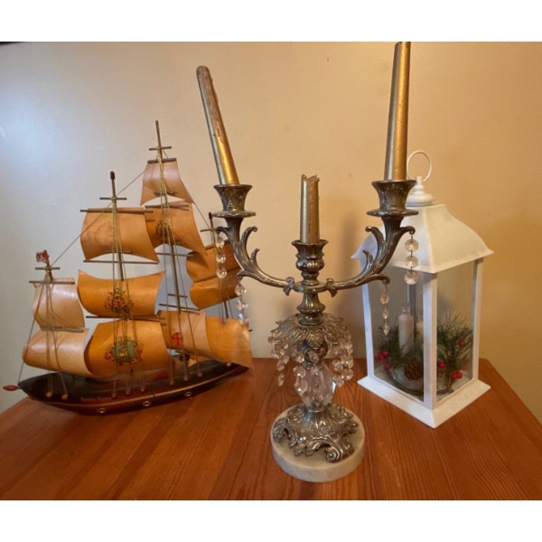 Gorgeous Metal Candelabra w/  Marble Base, Electric Lantern and Lovely Decorative Ship (As Is) 