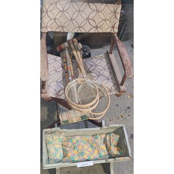 Directors Chair 22 w 16  1/2 d 36 h, Vintage Wood Badminton Rackets, Croquet Clubs & Doll Cradle