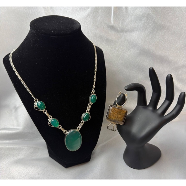 Stamped .925  22-Inch Aventurine Necklace and Brodzite Bracelet 
