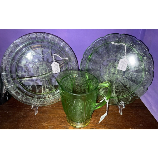 Jeanette Glass Company Green Depression Glass Trio(Jug & Two Plates)