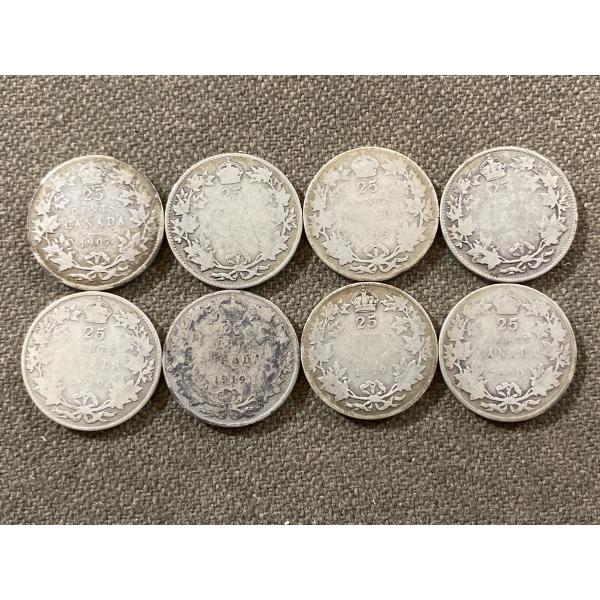 Eight 1949 Canadian 25-Cent Silver Coins Featuring George VI