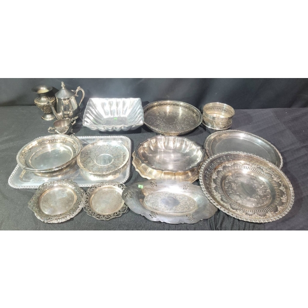 Silver Plated Serving Trays, Bowls, and Tea Set