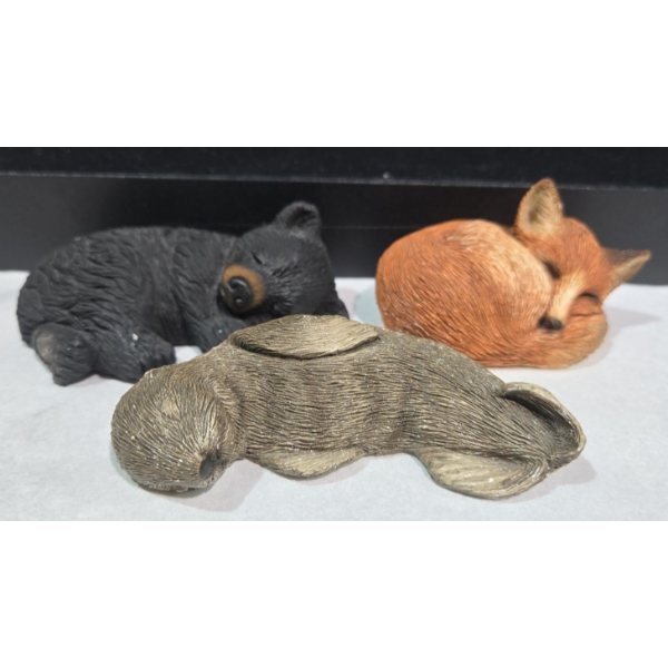 3 Sandicast Sculptures  1989 W04 Fox, 1989 W11 Sea lion & 1986 C72 Bear Cub