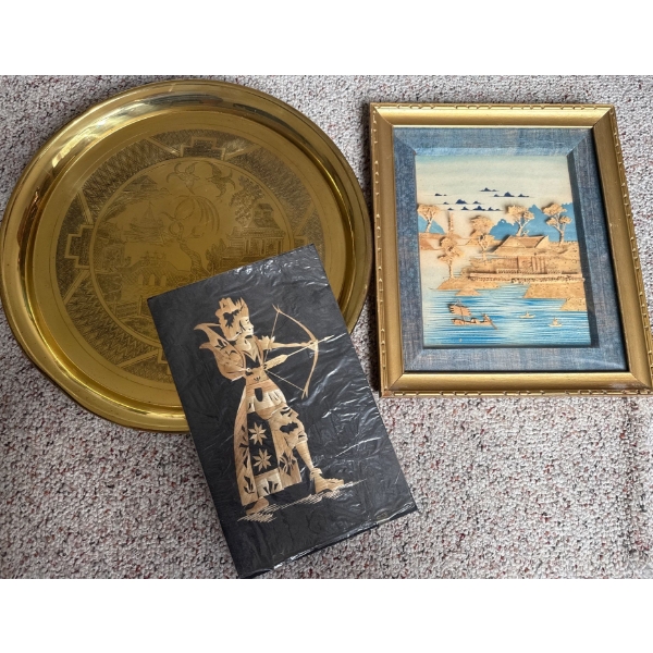 Decorative Brass Oriental Plate 16T w/ 3D Unframed Art Depiction Of Artemis w/ Bow & More