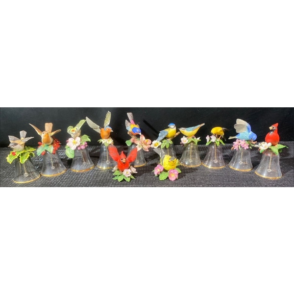 Glass and Porcelain Bird Bells with 2 Porcelain Bird Figurines