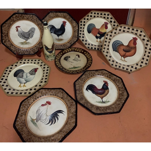 Decorative Chicken Motif Plates 11 Diameter, Includes Stands and Bottle 