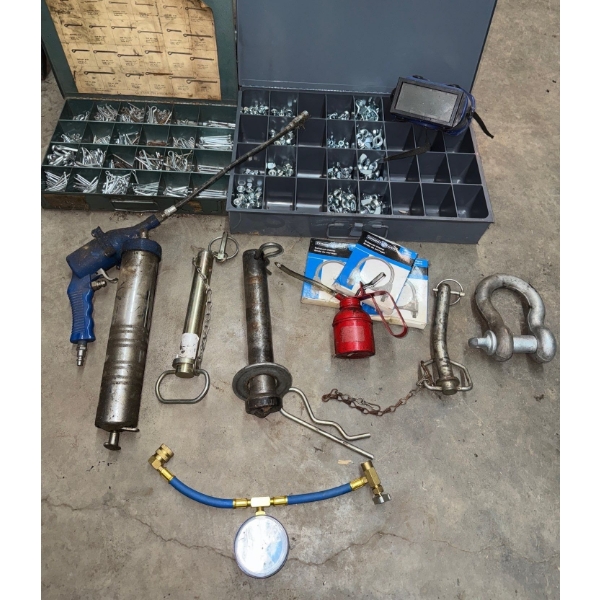 Two Metal Assortment Bins-  Nuts, Bolts, Fasteners, Washers, Pins, Wrench, & More