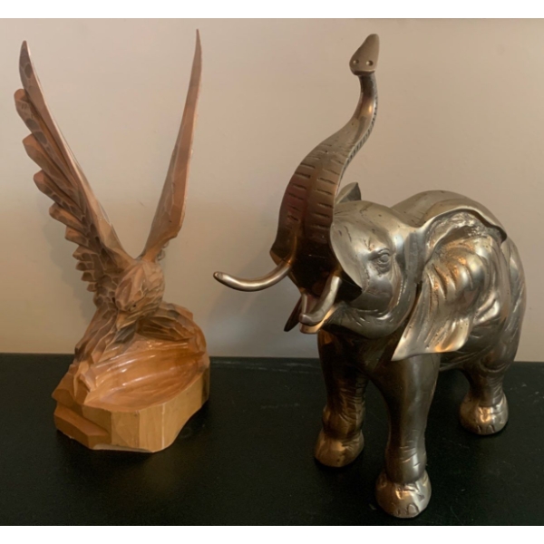 Large Solid Brass Elephant 17T w/ Hand Carved Bald Eagle